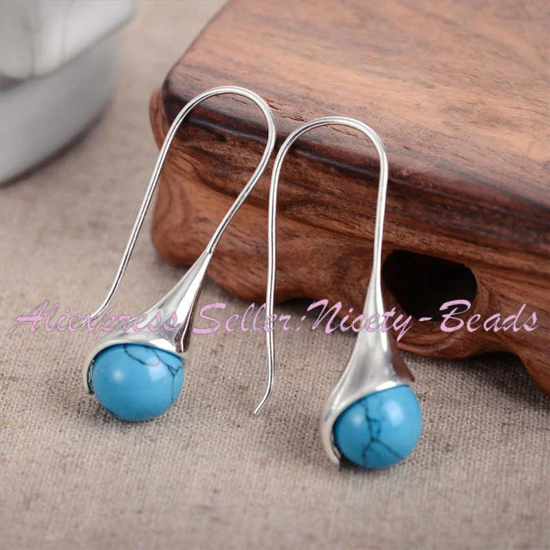 12mm Round Agates Shell Turquoises Stone Beads Fashion Jewelry Modern Drop Hanging Earrings For Woman Christmas Gift 1 Pair image 5
