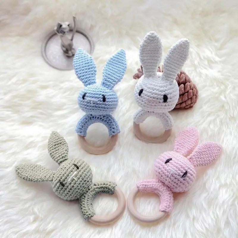 BPA Free Safe Crochet Baby Teether Cartoon Bunny Wooden  Rattle Toys DIY Infant Newborn Teething Ring Baby Stroller Cot Baby Toy