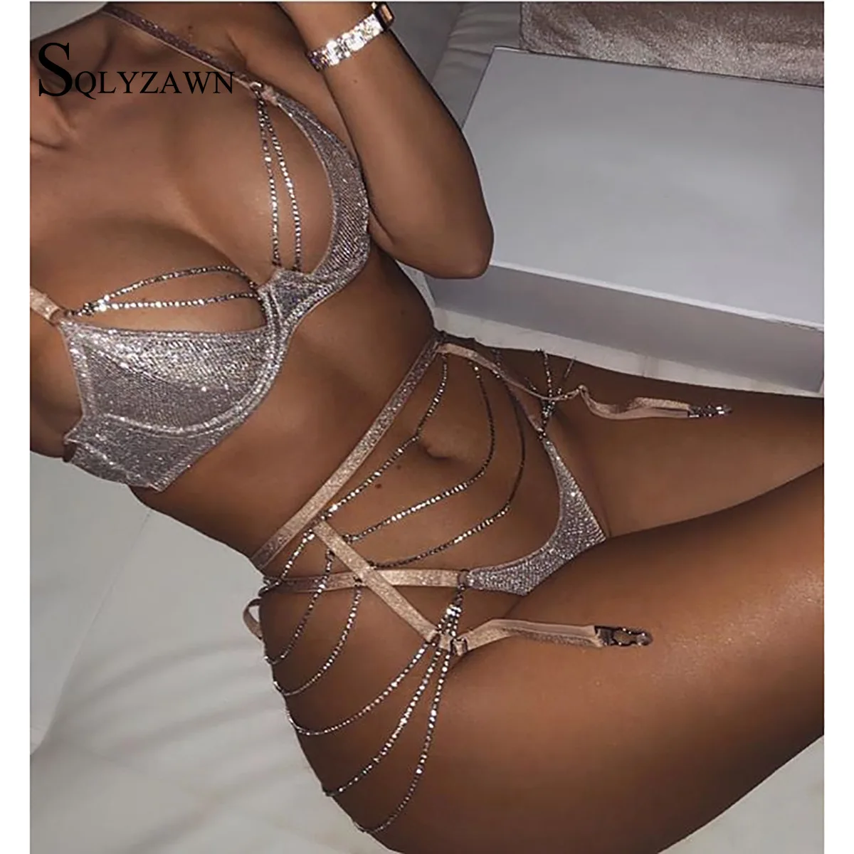 Sexy Shiny Rhinestone Diamond Bra Set Temptation Lace Women Underwear Hollow Push Up Bra+Through+Garter 3-piece Lingerie Club