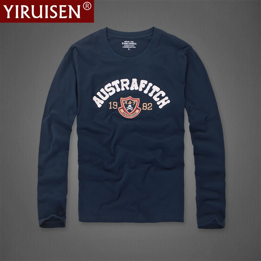 YIRUISEN Regular Fit Mens Long Sleeve T Shirt Top Quality Breathable 100% Cotton O-Neck Male Clothing Vintage Embroidery Tees