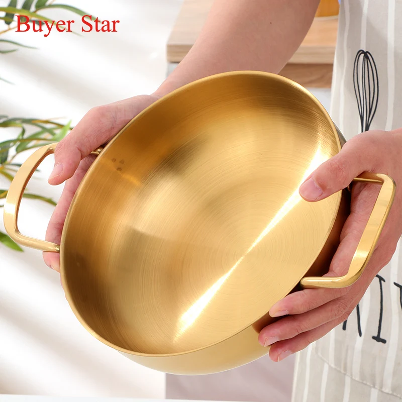 2 Sizes Stainless Steel Golden Ramen Cooking Pan Hotpot Soup Stockpot For Crayfish Seafood Kitchen Cookware For Induction Cooker