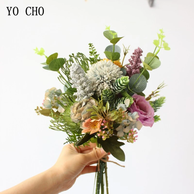 YO CHO – Bouquet de mariage artificiel en soie, fleur de lisianthe, demoiselle d'honneur, hortensia, Pompon, feuilles d'eucalyptus, fleur de mariage