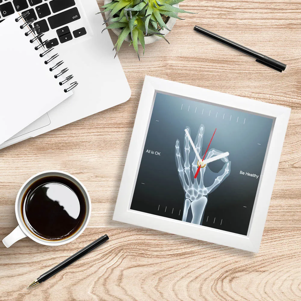 ALL IS OK X-ray Human Hand White Square Desktop Clock Orthopedist Office Medical Decor Skeleton Hand Modern Design Wall Clock