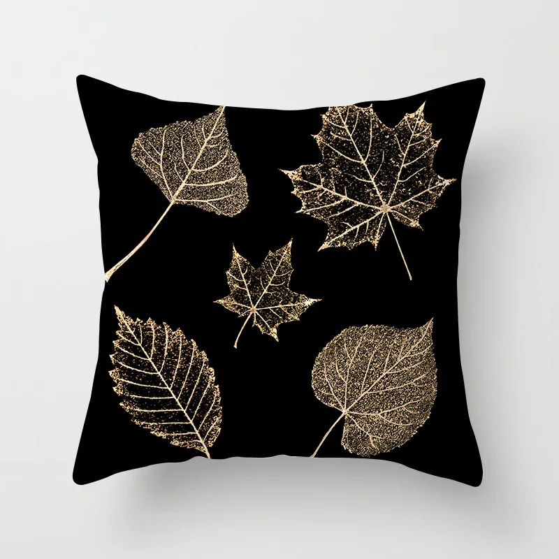 Modern Geometric Gold Black Cushion Cover Gold Plant Leaves Print Simple Black Pillowcase Sofa Car Seat Decorative Throw Pillows
