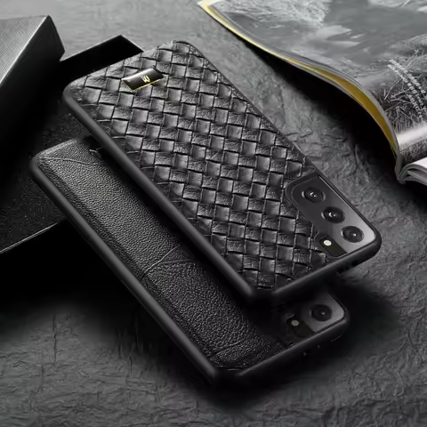 Leather Case with Metal Logo for Samsung Galaxy S21 Plus, S22, S23, S24 Ultra, New Back Cover, High Quality, Original, Luxury