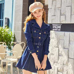 Autumn Women Pocket Loose Casual Denim Dress With Belt Korean Blue High Waist A-line Vintage Jean Dress Vestidos 2024 Moda Mujer