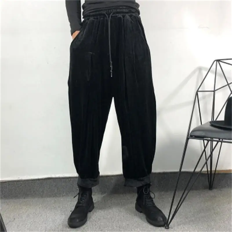 Men's Casual Pants Autumn Winter New Pure Color Elastic Waist Design Velvet Loose Straight Pants Comfortable Simple Sports Pants