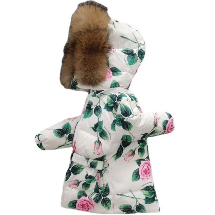 New arrival winter fashion printed baby girl white down jacket kids big fur collar warm zipper outwear