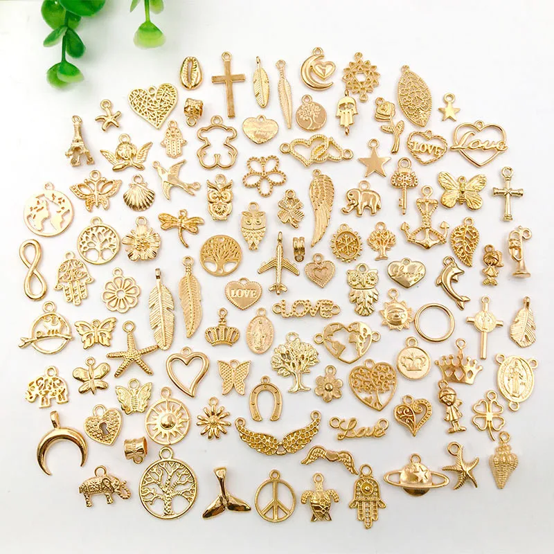 100pcs/set Pcs Kc Gold Color Alloy Charm Bracelet Pendant Earring Accessories Diy Jewelry Making Necklace Multi Shaped Mix