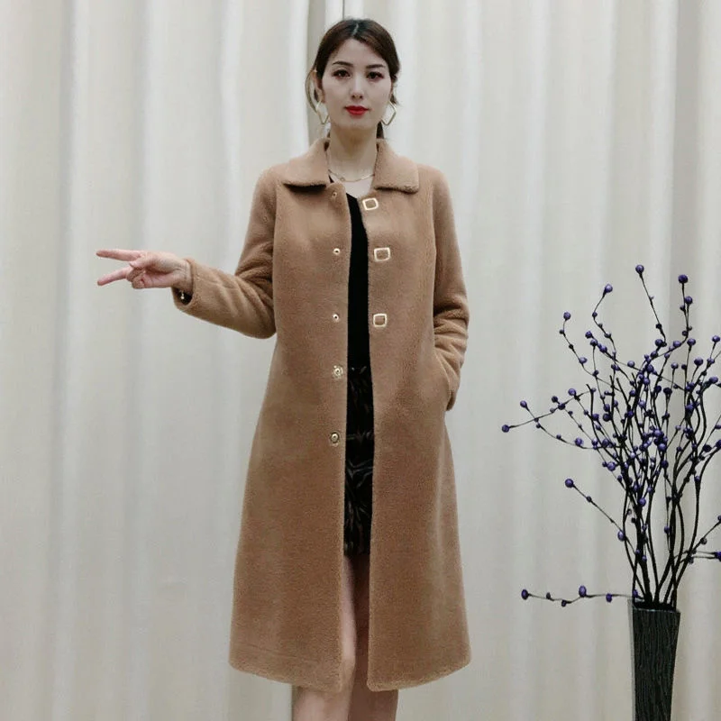 female 2021 Autumn Winter New Coat Small Particles Sheep Shearing Coat Women's Long Haining Fur Coat Real Wool Fur Square Collar