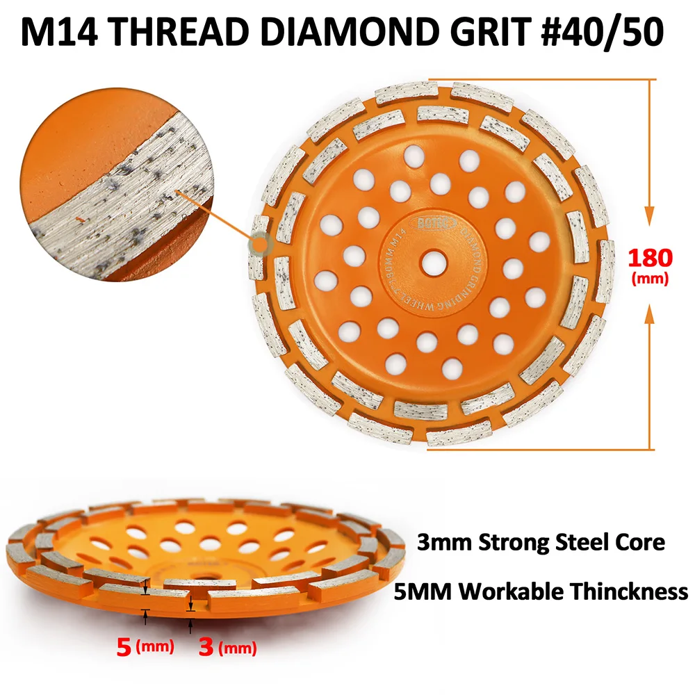 BGTEC 2pcs M14 Dia180mm Diamond Double Row Grinding Cup Wheel Polishing Tile Concrete Granite Marble Angle Grinder Milling Disc