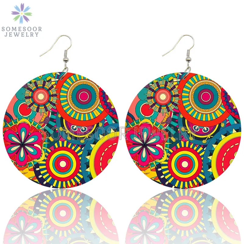 SOMESOOR 2021 New Arrival Vintage Bohemian Wooden Drop Earrings Afrocentric Ethnic Design Printed 6cm Big Loops For Women Gifts