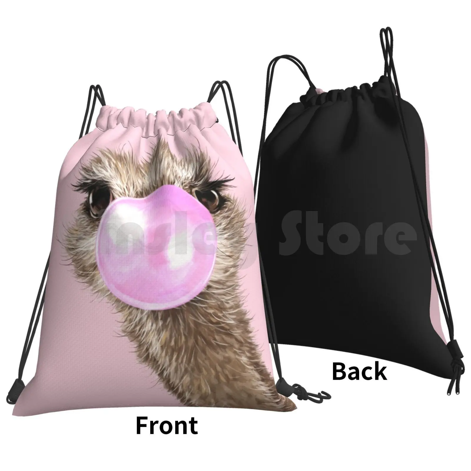 Sneaky Ostrich With Bubble Gum In Pink Backpack Drawstring Bags Gym Bag Waterproof Animal Animals Bird Cute Adorable