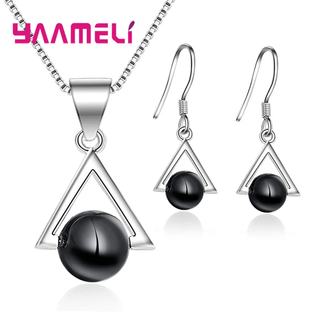 Charming Black Glass Triangle Pendant Necklace Earrings Jewelry Gifts Sets for Women Mother Solid 925 Sterling Silver