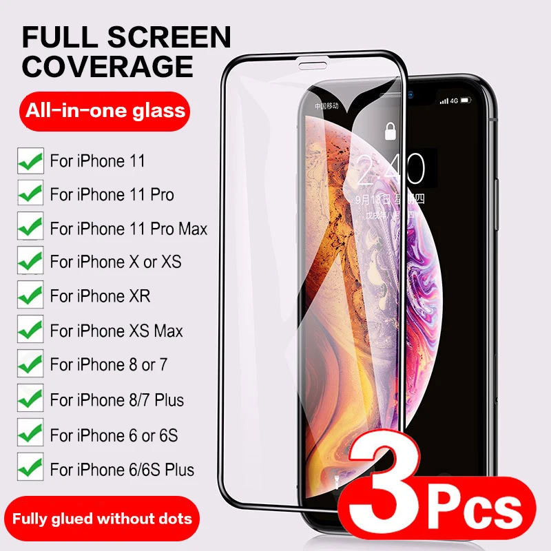 3Pcs For iPhone XR X XS 6 6s 7 8 Plus 5 5s Se 2020 glass full cover Screen Protector Tempered Glass iPhone 11 12 Pro Max 12 mini