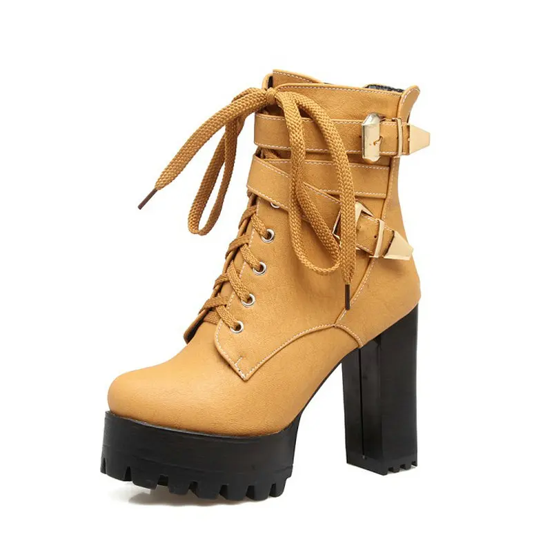 Sianie Tianie lady platform thick block high heels woman shoes lace up buckle strap women ankle boots plus size 33-48 45 46 47