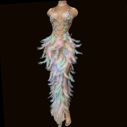 Multi-color Rhinestones Pearl Feather High Split Long Dress Sleeveless Prom Birthday Party Dress Women Stage Performance Clothes