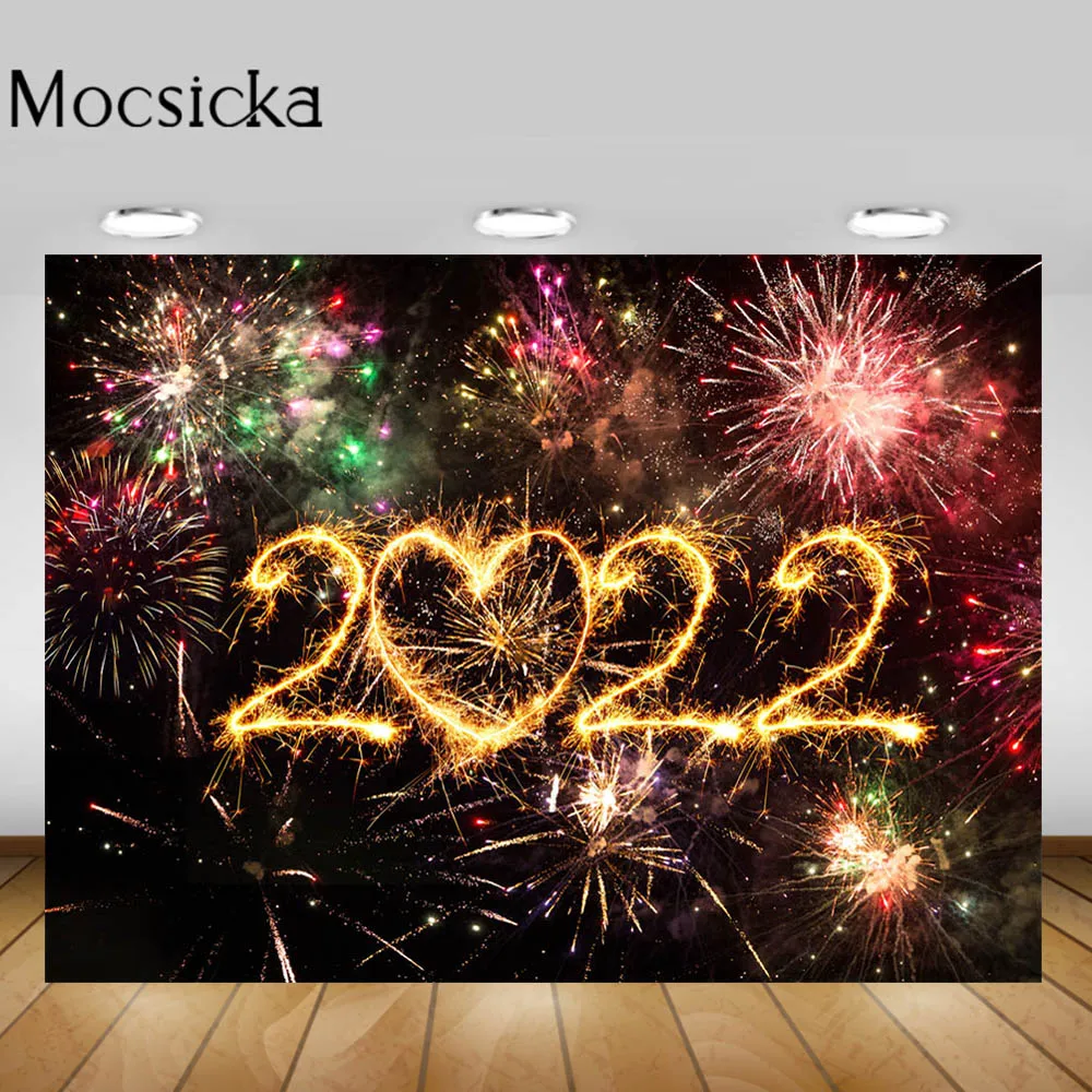 

Mocsicka 2022 HAPPY NEW YEAR Photography Backdrop Fireworks Family Portrait Photographic Background for Photo Studio Props Decor