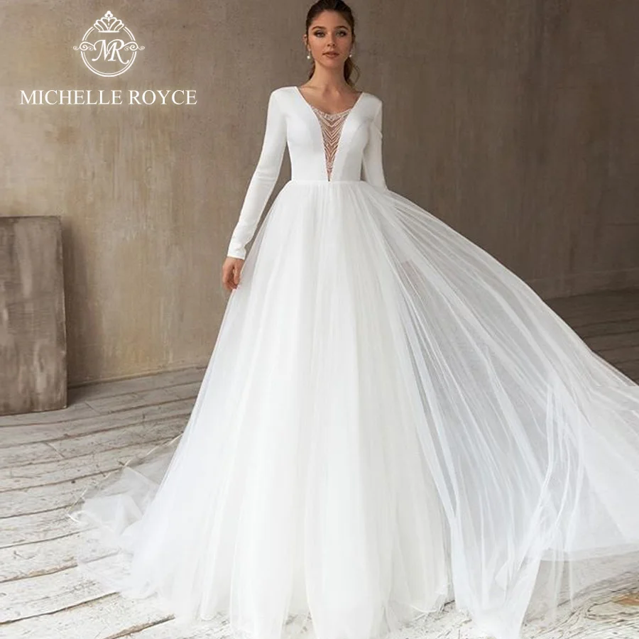 

Michelle Royce A-Ling Wedding Dresses 2024 V-Neck Long Sleeve Cut-Out Backless Chapel Train Princess Gowns Vestido De Noiva