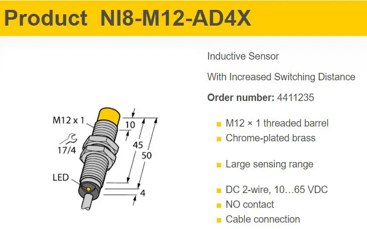 NI8-M12-AD4X Inductive Sensor  With Increased Switching Distance 4411235