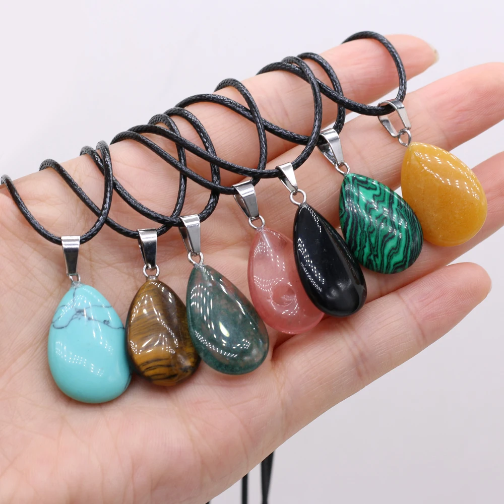 Drop Shape Natural Stones Necklace Crystal Rose Quartz Turquoise Tiger Eye Agate Malachite Pendant Neck Chain for Women Jewelry