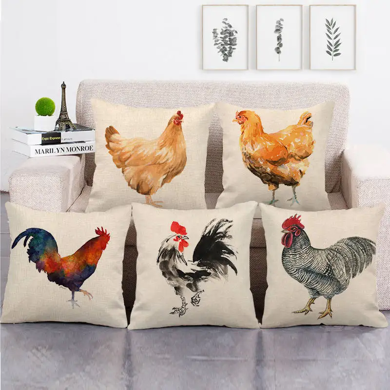 

Animal Cock Hen Printed Cushion Cover Farmhouse Decor Linen Pillow Case 45cmx45cm Square Office Chair Handmade Cushion Case