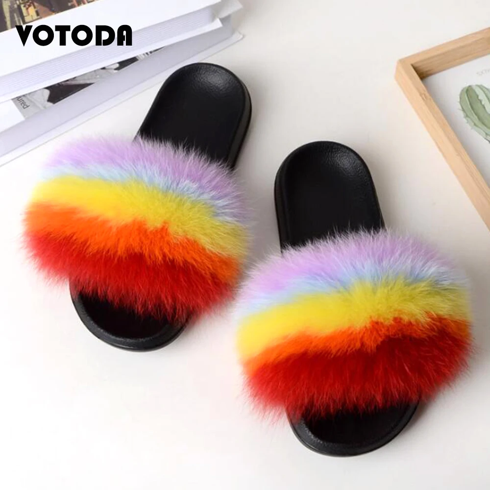 Children Slides Real Fox Fur Slippers Kids Fluffy Raccoon Sandals Fashion Furry Home Flat Flip Flops Baby Girls Cute Plush Shoes