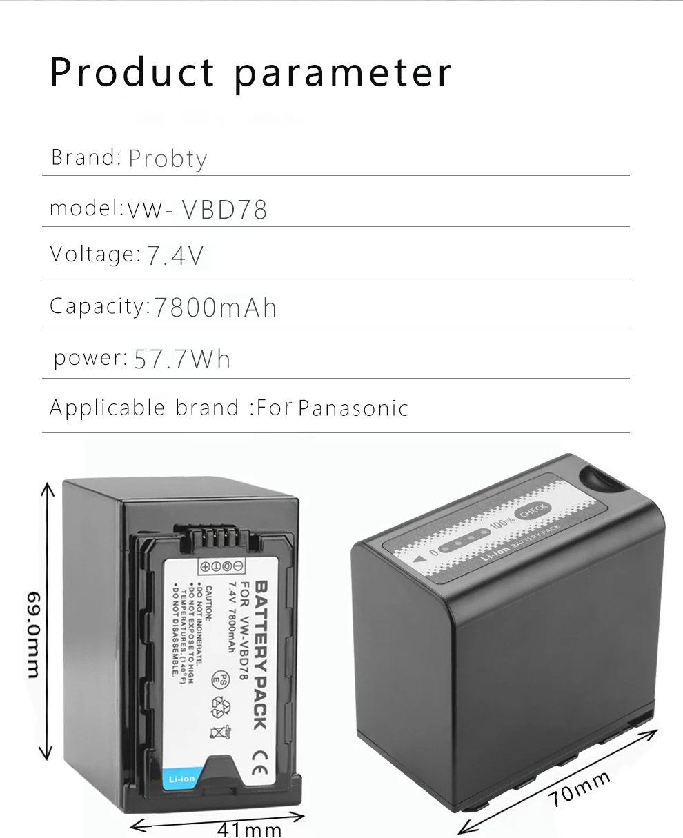 1pc 7800mAh VW-VBD78 VBD78 AG-VBR89 Battery for Panasonic AJ-HPX260MC,HPX265MC,PX270,PX285MC,PX298,AG-FC100,HC-X1000 VBD58 VBD29
