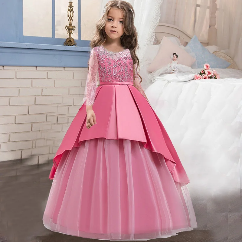 Long Sleeve Teenager Bridesmaid Evening Dress For Girls Princess Kids Children Clothing Flower Party Wedding Dress 10 12 Years