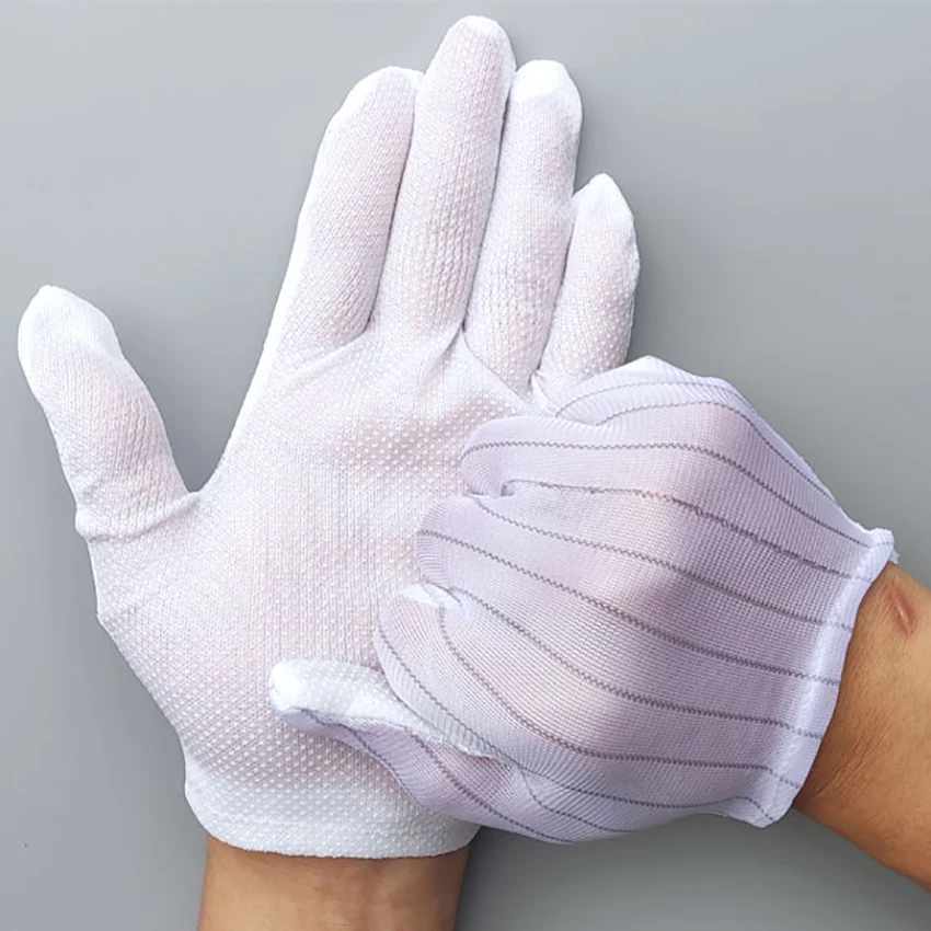 Guantes antiestáticos recubiertos de rayas y puntos, protección de seguridad para las manos, limpieza de cámaras DSLR, color blanco, 1 par