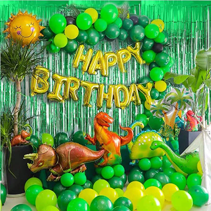 Decoración de fiesta de cumpleaños, accesorio con arco, juego de guirnaldas, globos de Feliz Cumpleaños, cortinas dinosaurio, fiesta temática, 97