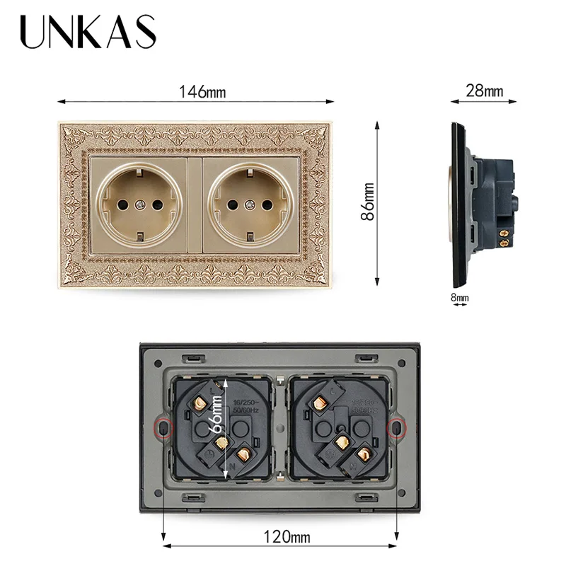 UNKAS 16A Dual EU Standard Power Socket 4D Embossing Retro Zinc Alloy Panel AC 110~250V 146mm * 86mm