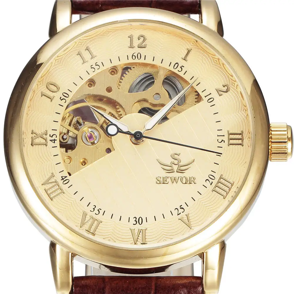 relogio masculino Luxury Brand SEWOR Men Watches Gold Skeleton Automatic Mechanical Watches Luxury Men Dress Watch Leather Strap