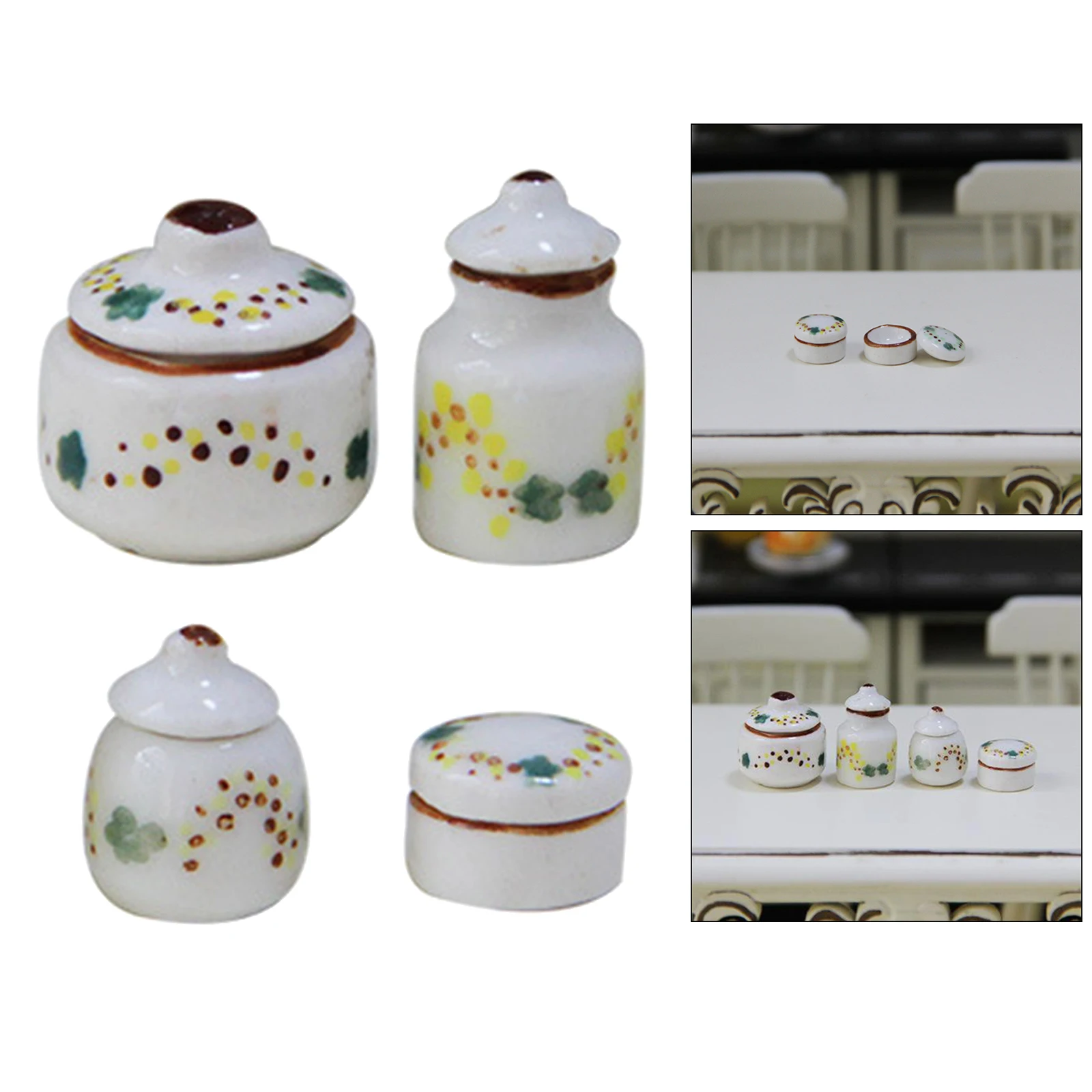 4PCS 1/12 Dollhouse Miniature White Porcelain Pots Cans Kitchen Seasoning Jar Ceramic Tableware Dollhouse Accessories