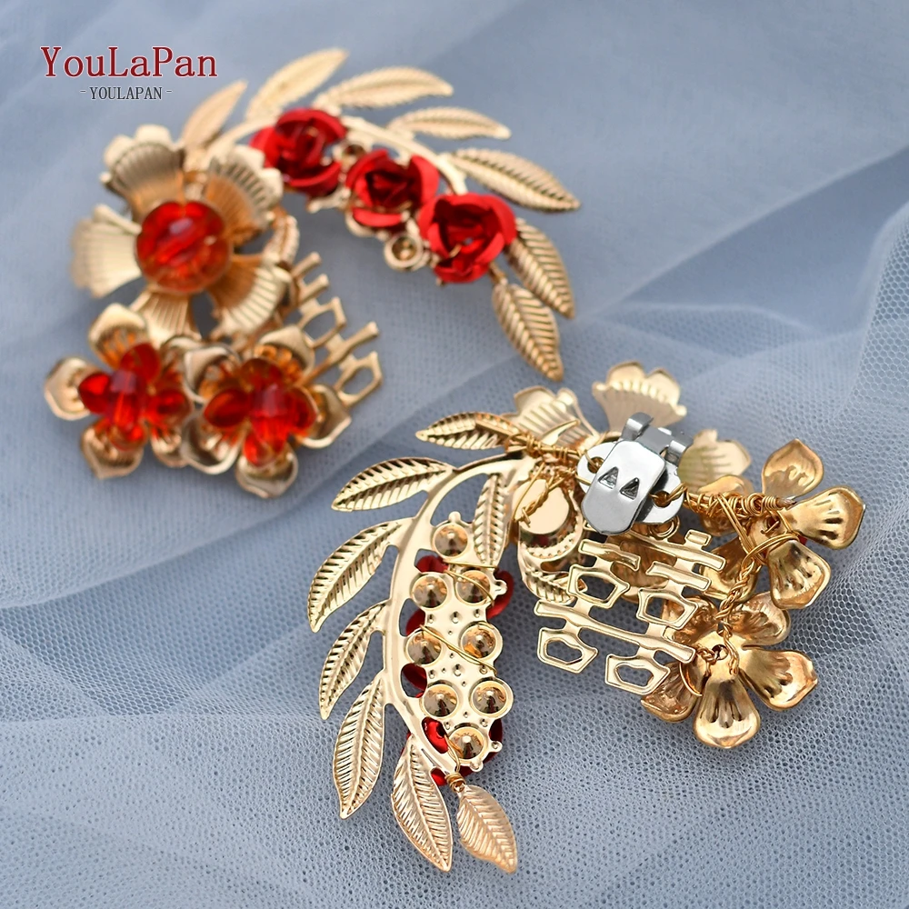 YouLaPan X28 Bride High Heels Clips Chinese Wedding Shoes Buckle Alloy Flower Shoes Clips Accessories Red Rose Shoe Buckle