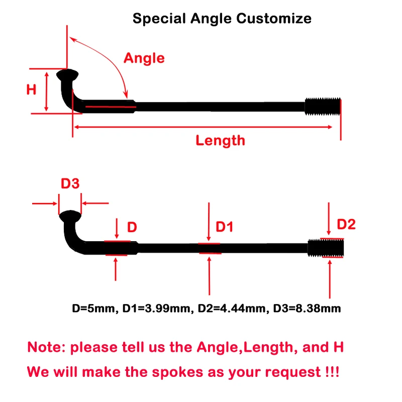 7G-8G Diameter 5.0 mm - 4.0 mm Material 304 Stainless Steel J-bend Motorcycle Spokes Angle 90-180 Degree & Length Customize Pins