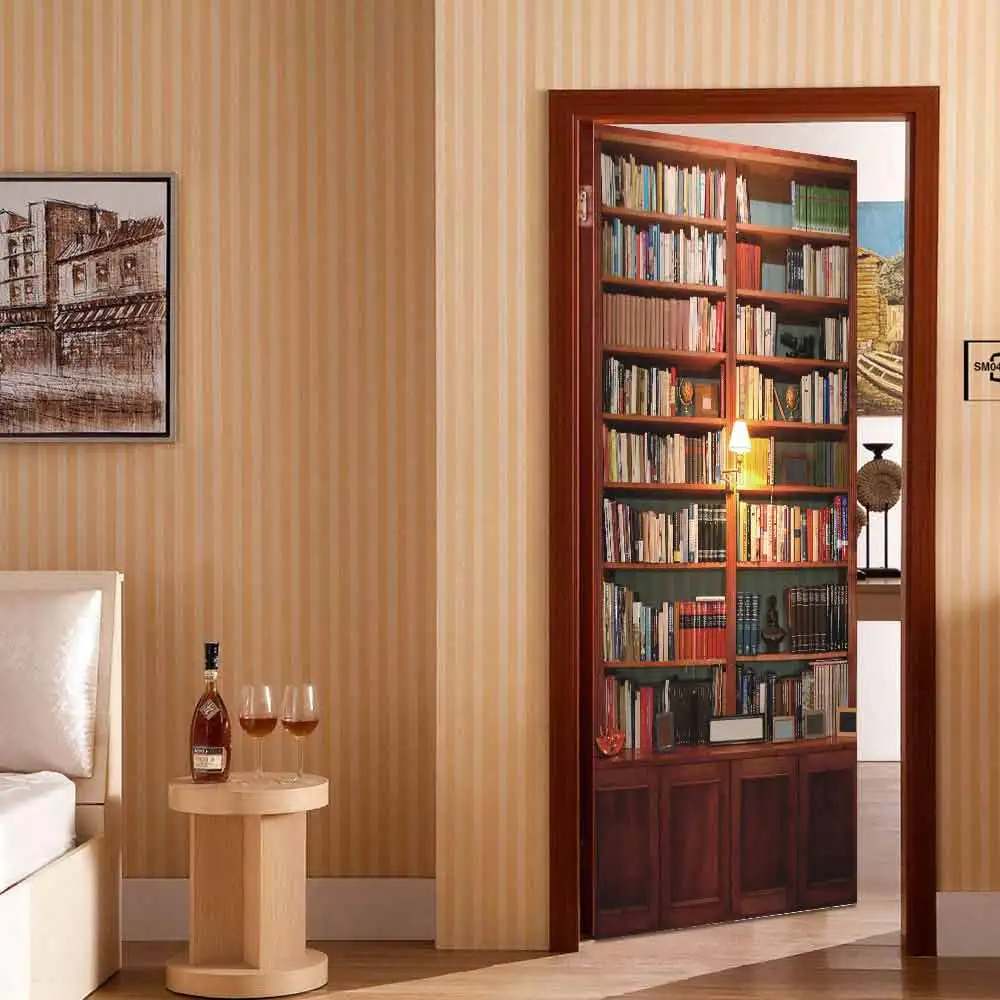 PVC wallpaper Creative retro bookcase 3D three-dimensional self-adhesive refurbished bedroom door sticker wall sticker