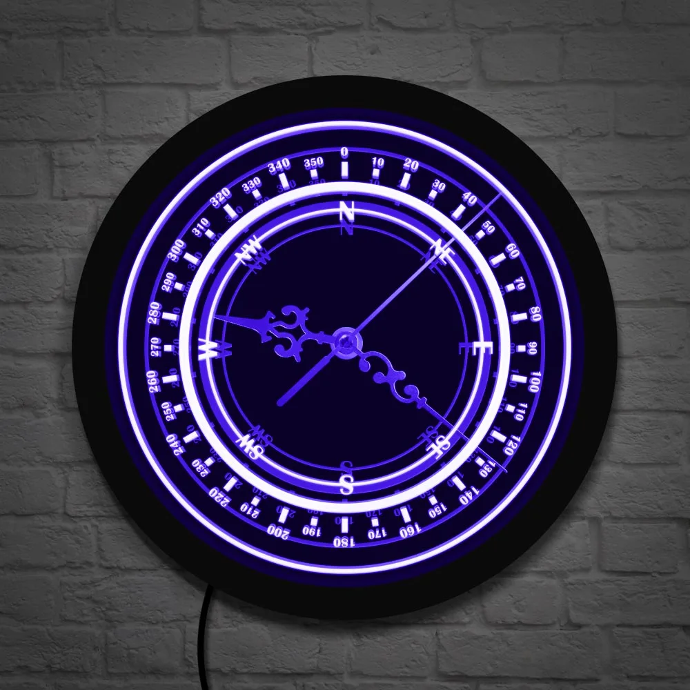 Nautical Compass LED Lighting Wall Clock Navy Round Compass Wind Rose Vintage Illuminated Wall Light Navigation Design Clock