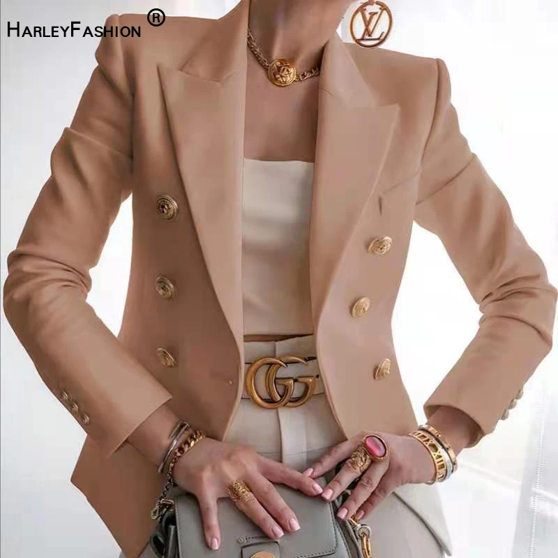 HARLEYFASHION European American 2021 Spring Autumn Slim Double Breasted Women\'s  Blazer OL Solid Color Quality Suit Jacket XXL