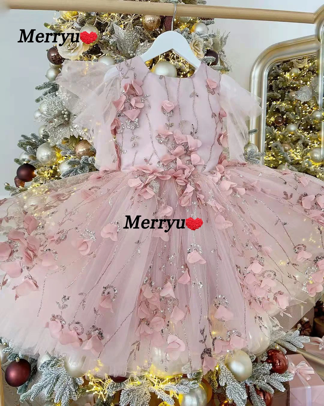 

Pink Flower Girls Dresses For Wedding Tulle Lace 3D Applique Girl Dress Party Christmas Dress Children Princess Costume For Kids