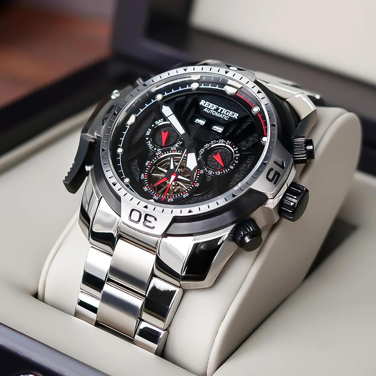 Reef Tiger/RT Luminous Casual Watches Perpetual Calendar Bracelet Black Dial Watches Automatic Sport Watches RGA3532