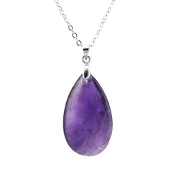 Crystal Quartz Stone Water Drop Pendant Necklace For Women Natural Amethyst Lapis Lazuli Agate Stone Pendant Silver Color Chain