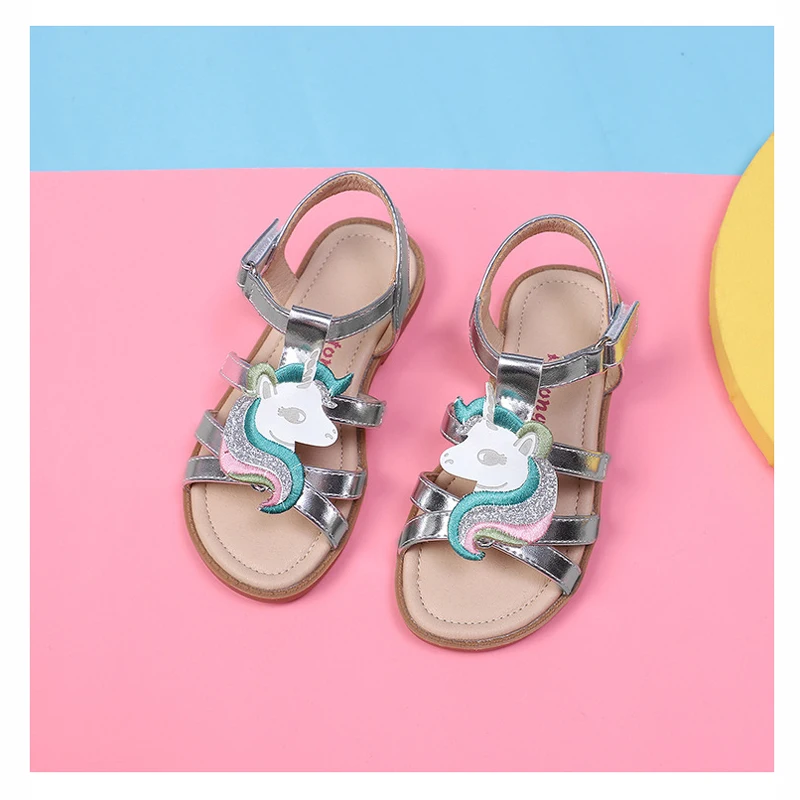 Unicorn girls sandals bright metallic kids girls sandals Adjustable customized fit princess summer shoes