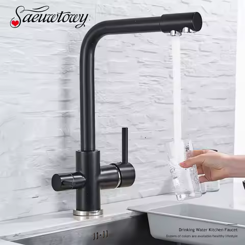 Filtered Pure Water Kitchen Faucet Deck Mount Black Faucet 360 Rotate Drinking Water Kitchen Faucet Hot/Cold Water Mixer Tap