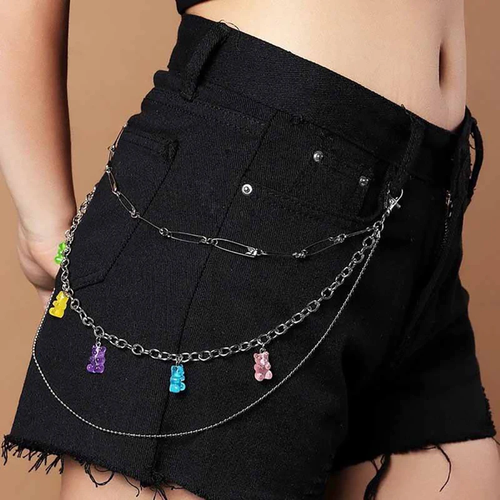 Cute Cartoon Mini Bear Belt Waist Chain for Women Alloy Beads Pants Chain Girl Hook Keychain Jewelry Gifts