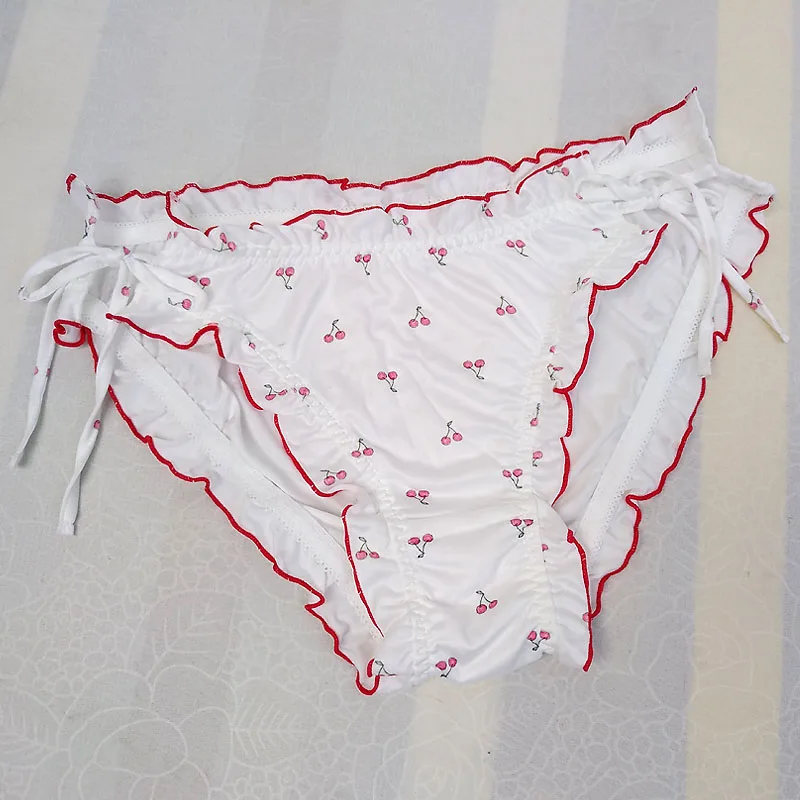 Lovely Cute Lolita Sissy Panties Kawaii Princess Side Tie Cherry Ruffle Mens Underwear Brief Sexy Gay Lingeries Male Underpants