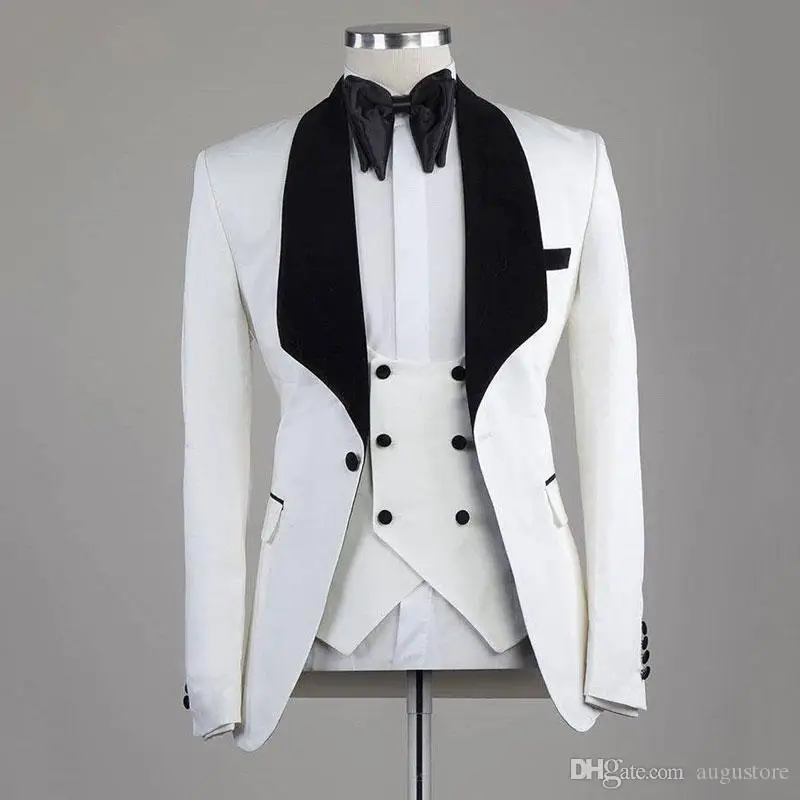 

JELTONEWIN 2021 Tailored Made Groomsmen White Groom Dress Tuxedo Velvet Shawl Lapel Men Suits For Wedding Best Man Blazer 3 Pcs