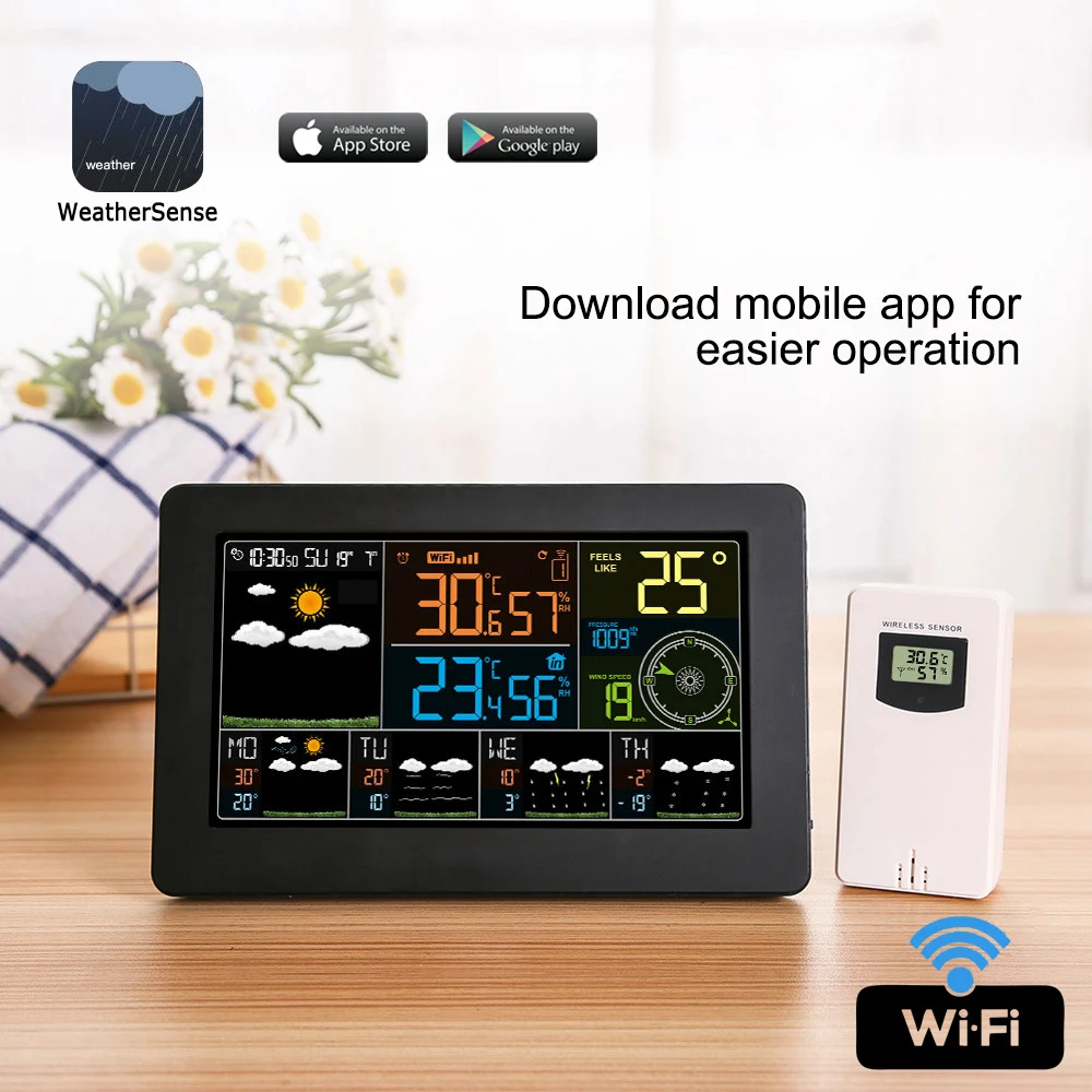 FanJu WiFi Weather Station Digital Wall Clock Alarm Outdoor Temperature Humidity Pressure Wind Direction Speed Weather Forecast