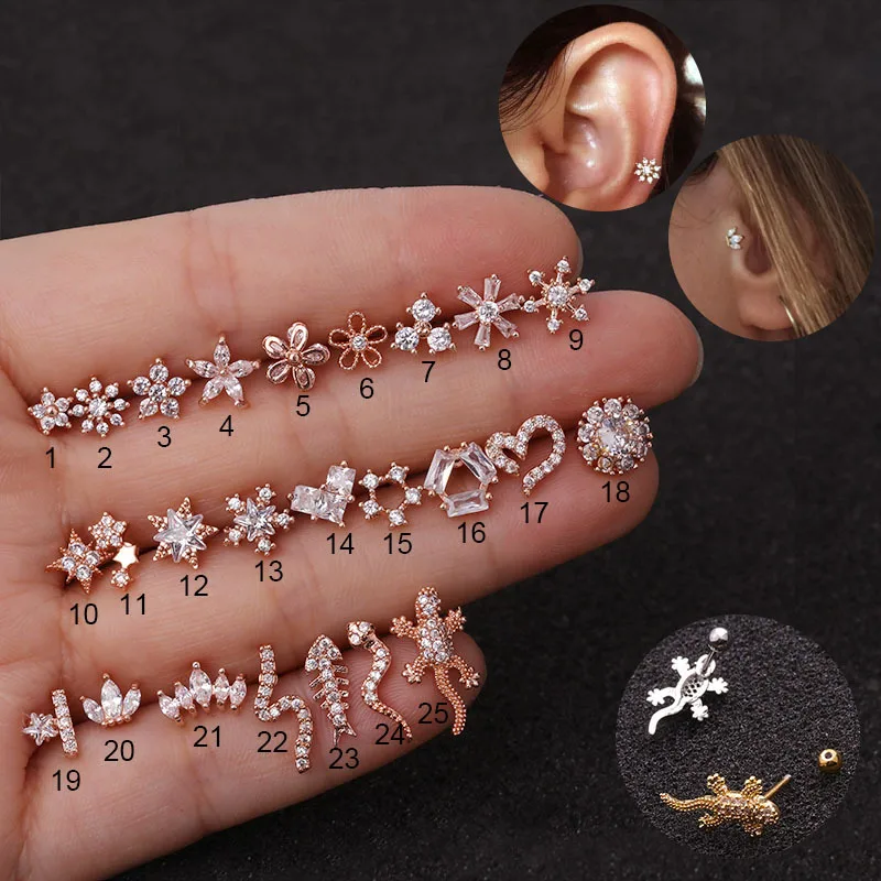 1pc Gold Silver Color Animals Flower CZ Tragus Cartilage Stainless Steel Helix Ear Stud Piercing Crystal Zircon Daith Earring