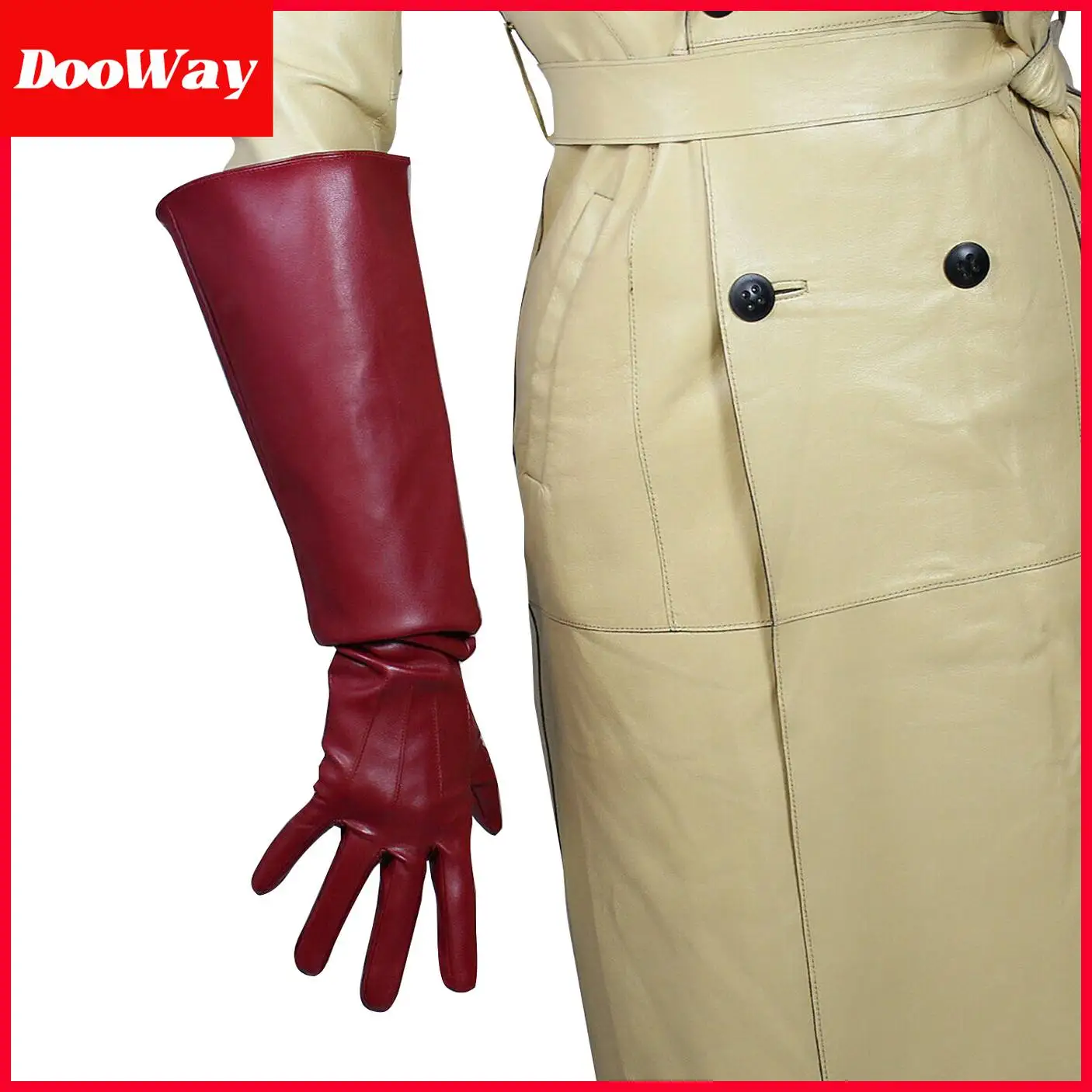 DooWay Unisex Burgundy Oversize GLOVES Long Latex Faux Leather PU Dark Red Wine Halloween Costume Cosplay Evening Opera Gloves